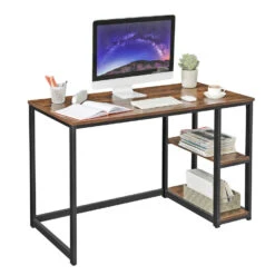 ACAZA Bureau Met 2 Legplanken - Zwart Metalen Frame En Bruin Vintage Hout