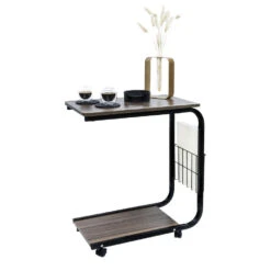 QUVIO Bijzettafel Op Wieltjes Met Opbergmandje - Metaal + Hout